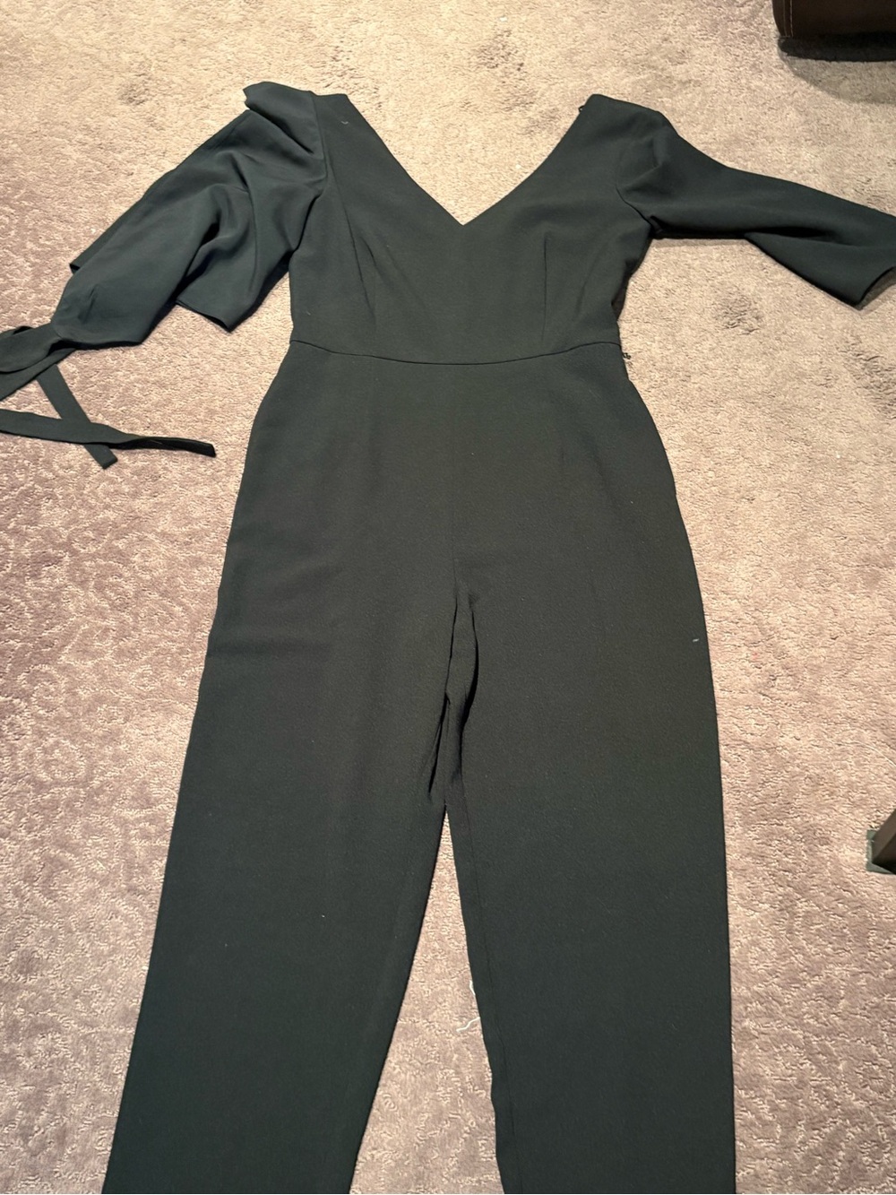 Elegant Black V-Neck Long Jumpsuit with Tie Sleeve Detail